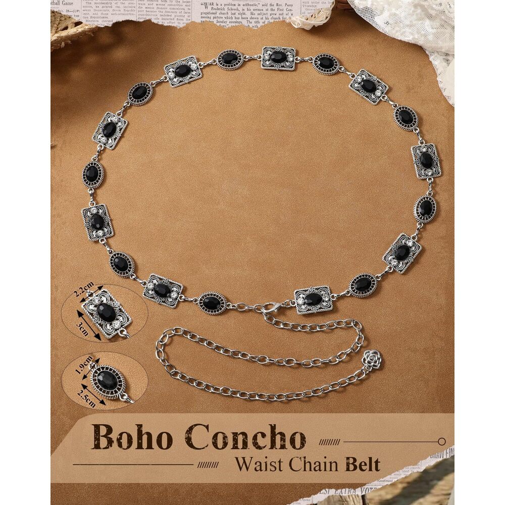 8112 Women Western Concho Chain Belt Vintage Rhinestone Gems Boho Metal - Picture 3 of 6